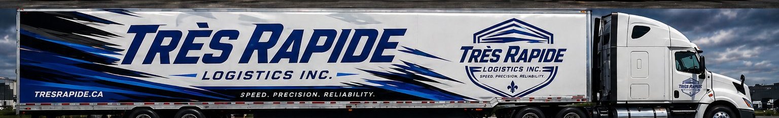 Très Rapide tractor-trailer with custom blue branding under a dramatic sky